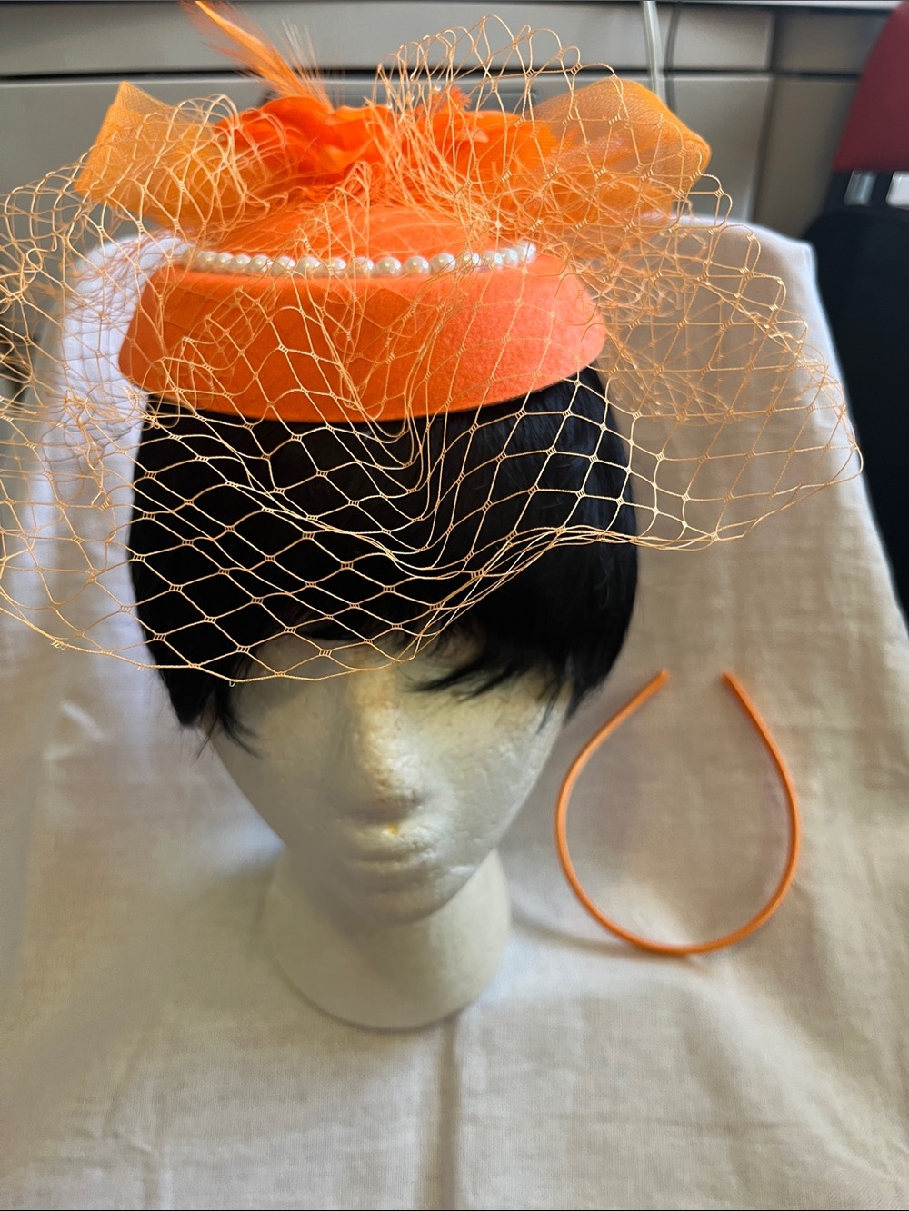 Orange Pearl-Trim Veiled Fascinator Hat for Women